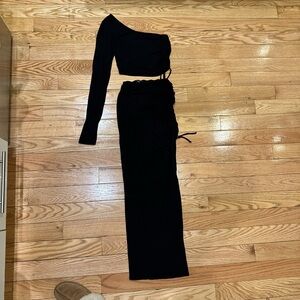 Lulu's Black One-Shoulder Crop Top and Skirt Set